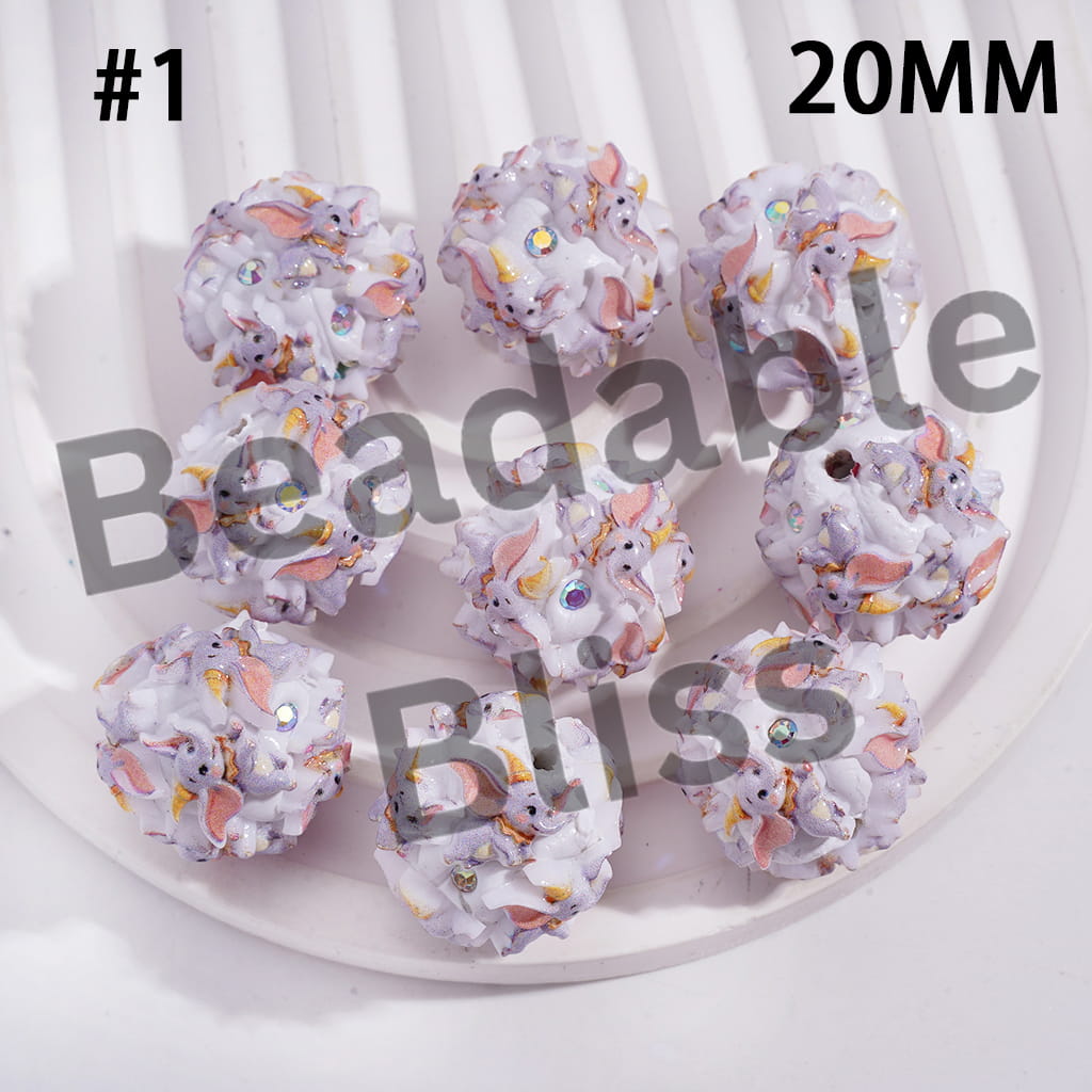 Clay Beads with Flying Elephant Character and AB Rhinestones, 20MM, Gray and Blue