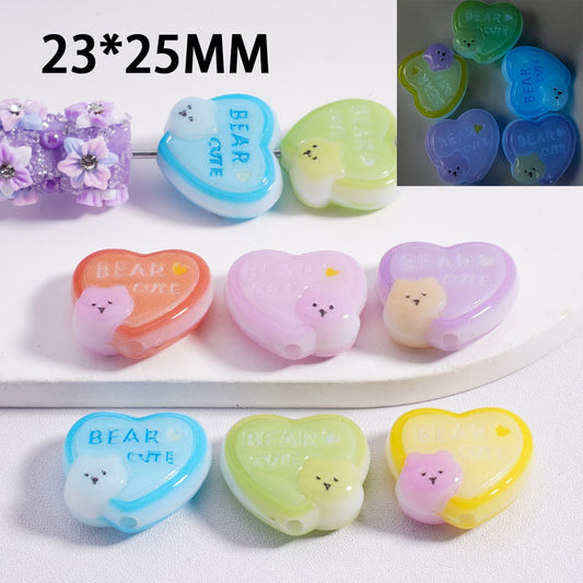 Acrylic Beads Luminous Heart Cute Bear Prints Multi-Color 23*25MM, Random Mix