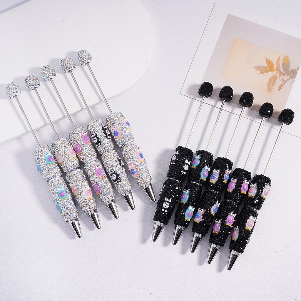 Beadable Clay Pen with Black & AB Rhinestones Cute Owls, Random Mix