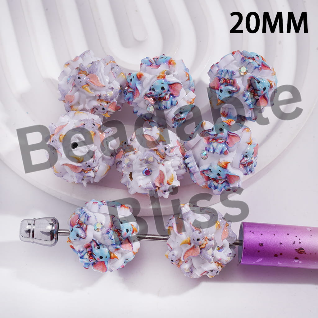 Clay Beads with Flying Elephant Character and AB Rhinestones, 20MM, Gray and Blue