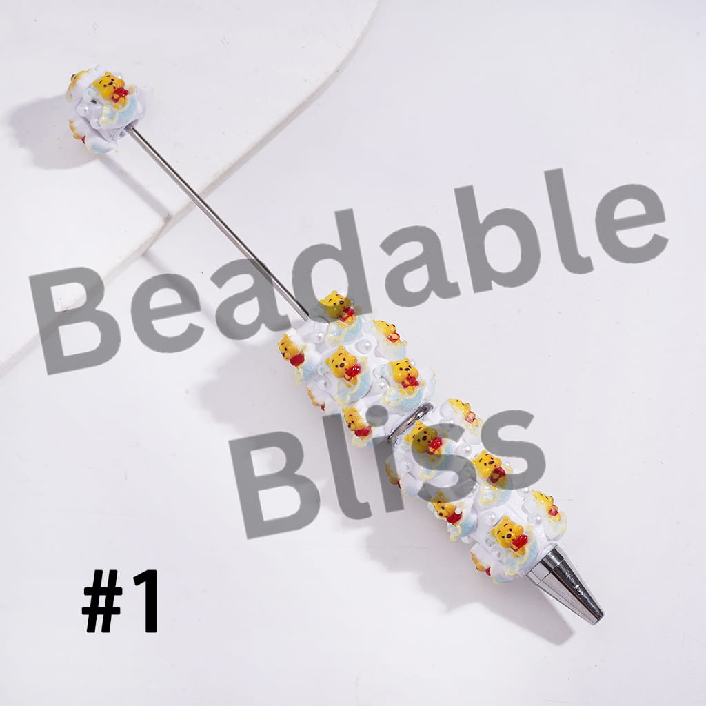 Beadable Clay Pens with Classic Animation Animal Character Sitting Umbrella and White Pearls