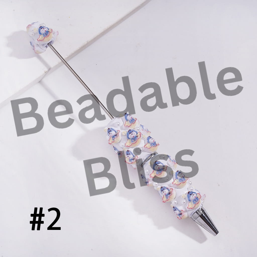 Beadable Clay Pens with Classic Animation Animal Character Sitting Umbrella and White Pearls