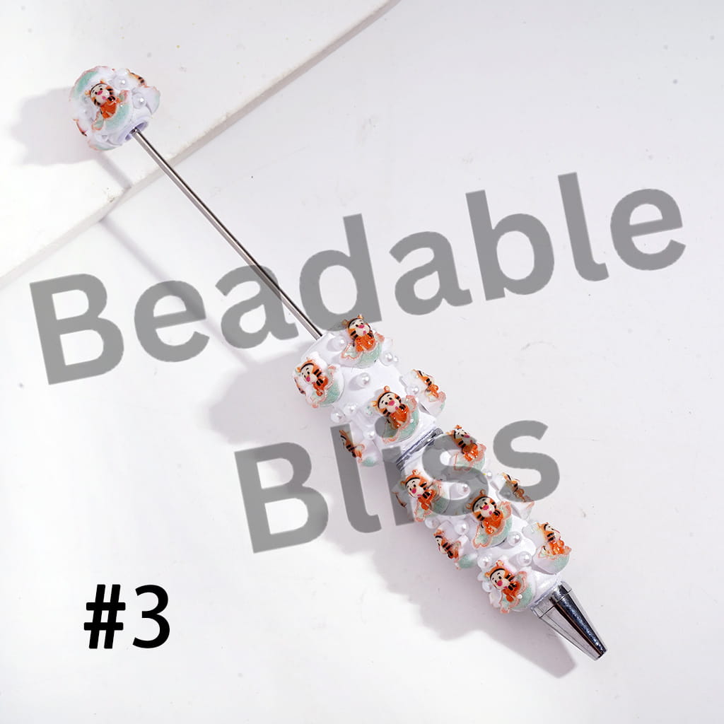 Beadable Clay Pens with Classic Animation Animal Character Sitting Umbrella and White Pearls