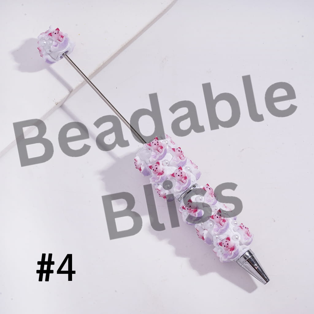 Beadable Clay Pens with Classic Animation Animal Character Sitting Umbrella and White Pearls