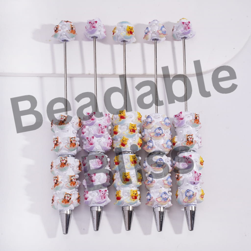 Beadable Clay Pens with Classic Animation Animal Character Sitting Umbrella and White Pearls