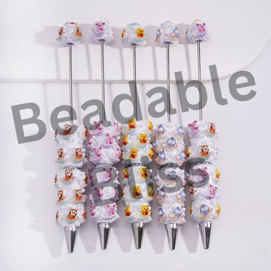 Beadable Clay Pens with Classic Animation Animal Character Sitting Umbrella and White Pearls