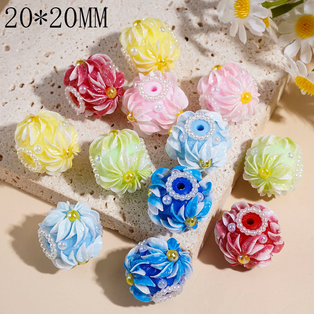 Hand-Made Acrylic Beads w Flower White Pearls Chains, UV Coated Yellow & White Half-Shell Pearl, 20*20MM Multi-Color