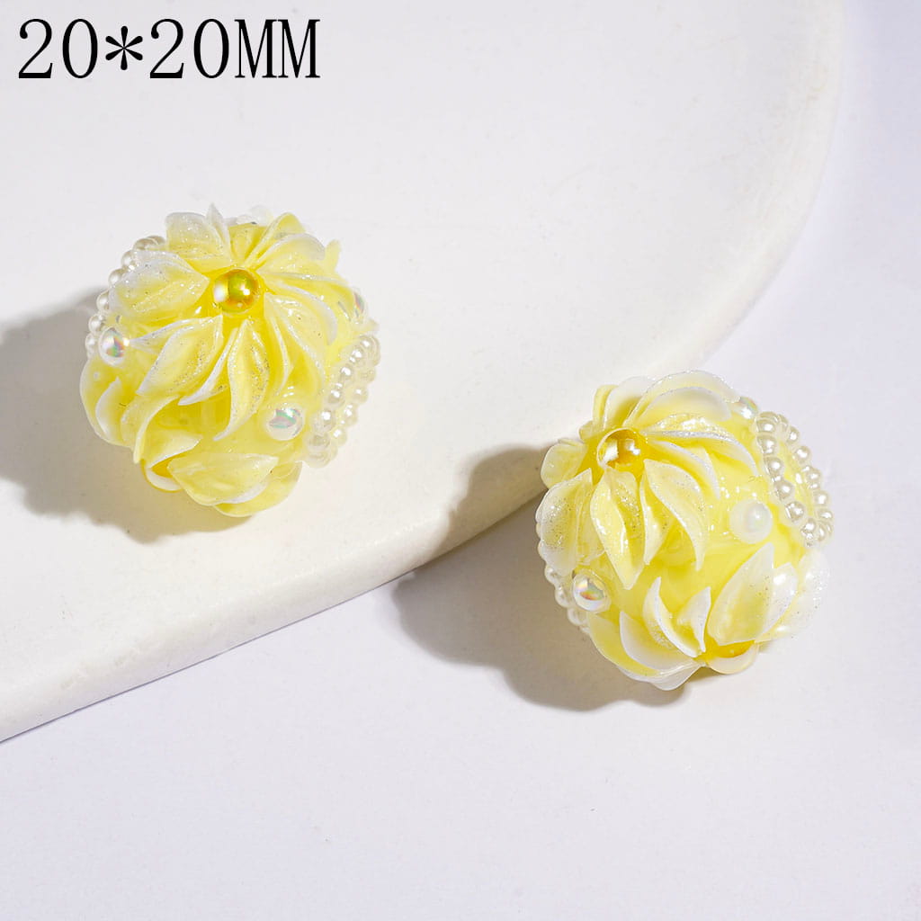 Hand-Made Acrylic Beads w Flower White Pearls Chains, UV Coated Yellow & White Half-Shell Pearl, 20*20MM Multi-Color