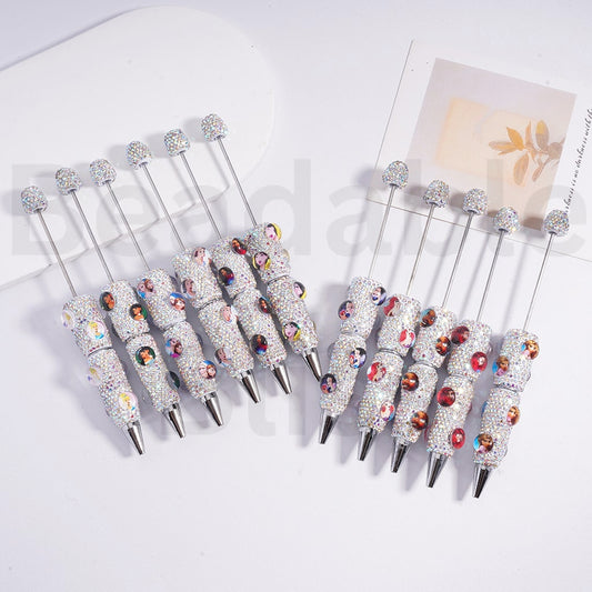 Beadable Clay Pen with Black & AB Rhinestones Disne Princess Snow Whit Mermai Ann Els Mula Cinderell Jasmin Rapunze, Random Mix