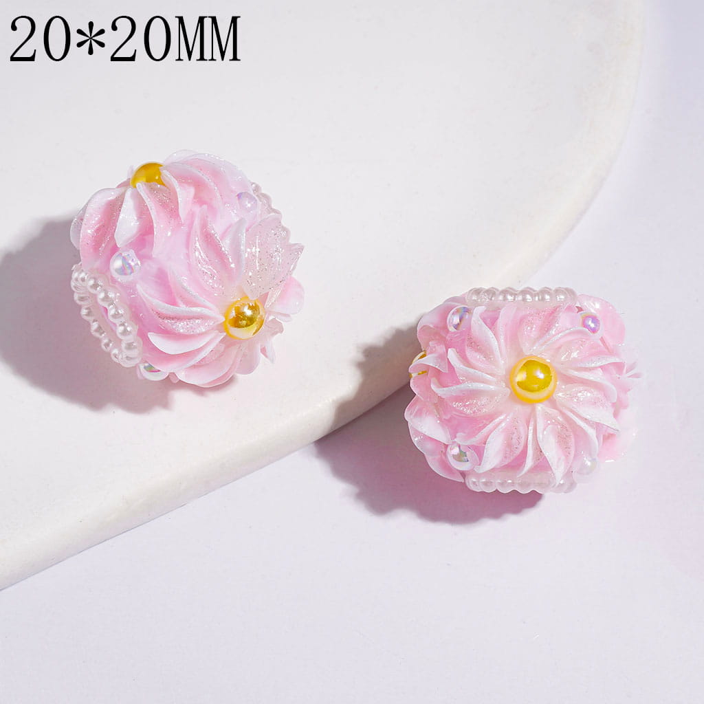 Hand-Made Acrylic Beads w Flower White Pearls Chains, UV Coated Yellow & White Half-Shell Pearl, 20*20MM Multi-Color