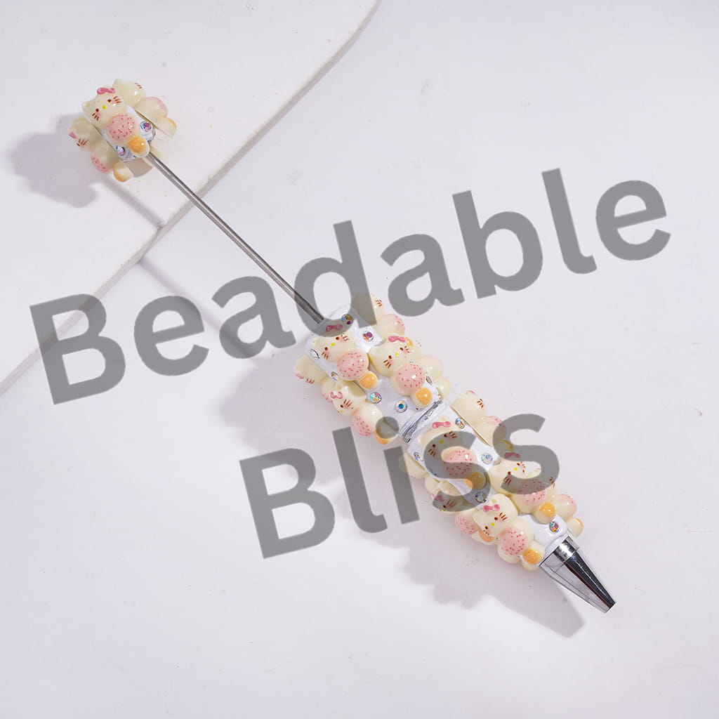 Beadable Clay Pens with Cute Cat Character Tanghulu in Strawberry Fruit and Cheese Ball, AB Rhinestones and White Pearl