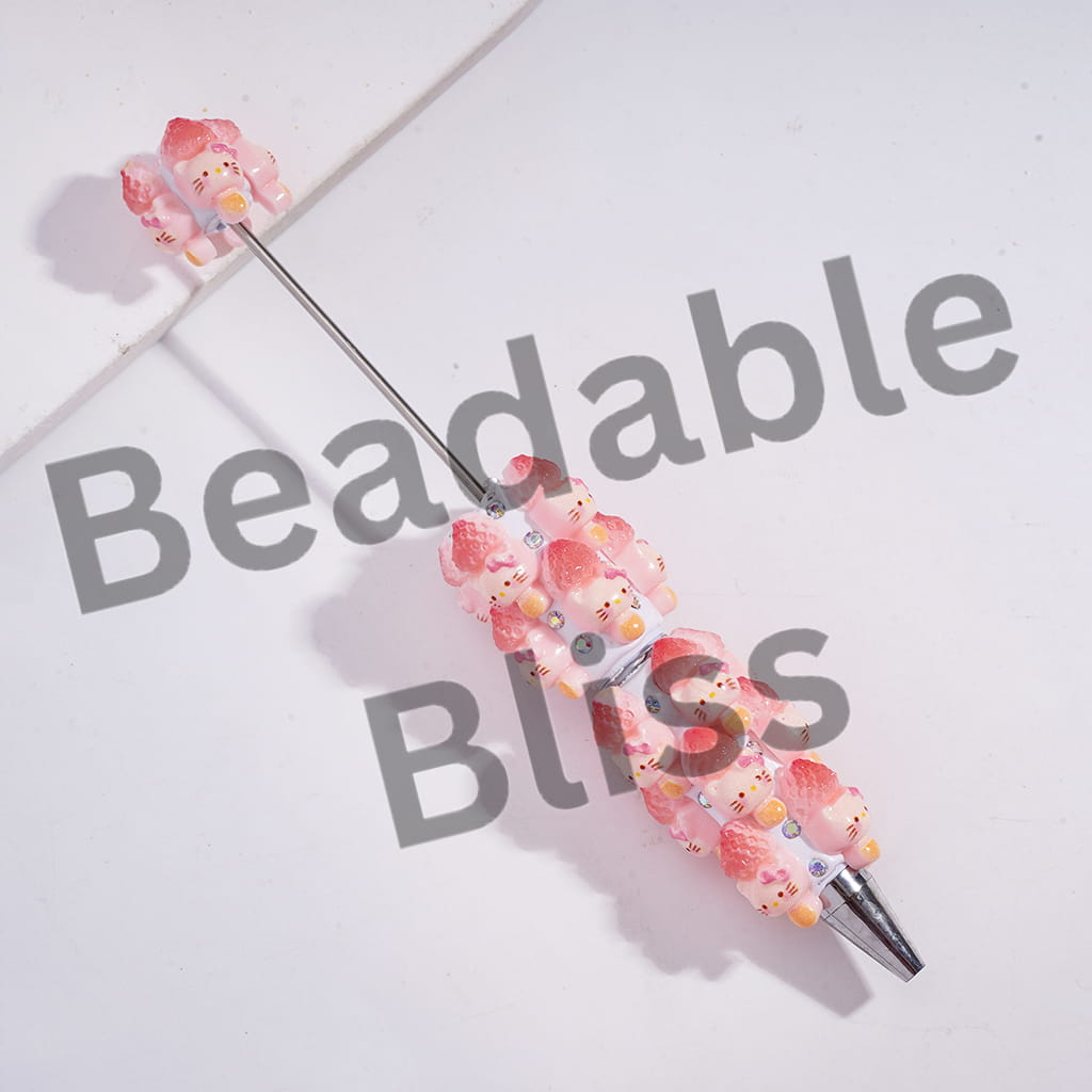 Beadable Clay Pens with Cute Cat Character Tanghulu in Strawberry Fruit and Cheese Ball, AB Rhinestones and White Pearl