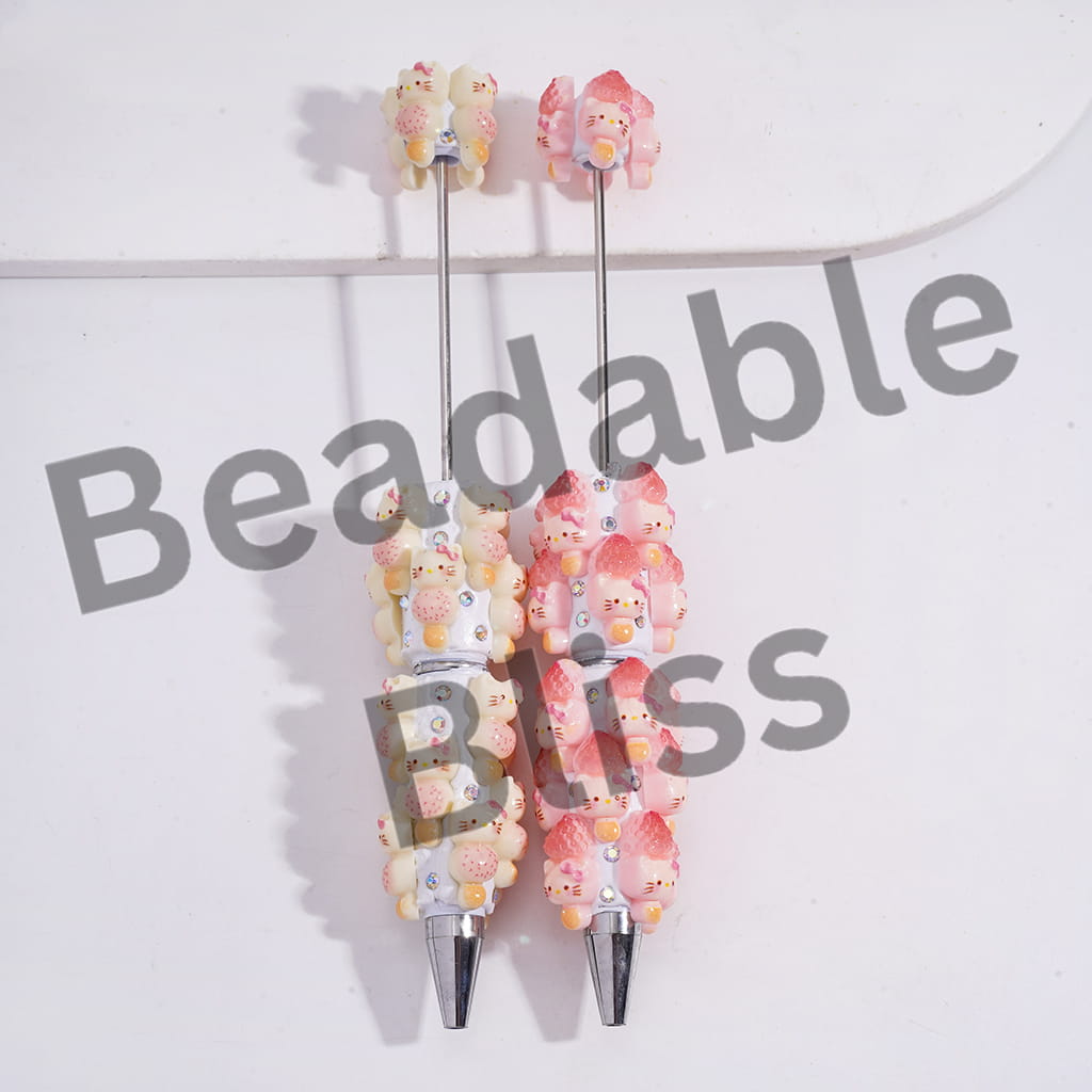 Beadable Clay Pens with Cute Cat Character Tanghulu in Strawberry Fruit and Cheese Ball, AB Rhinestones and White Pearl