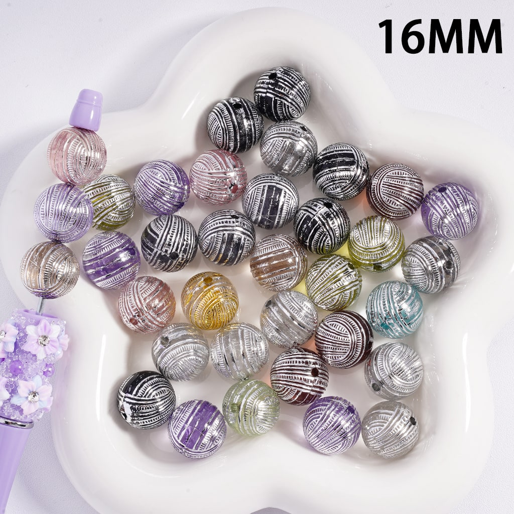 Acrylic Beads Silver Stripes Multi-Color 16MM, Random Mix