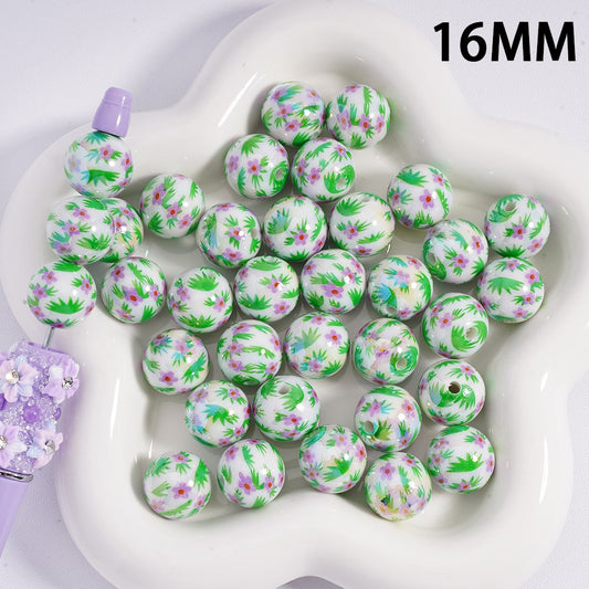 Acrylic Beads Cute Purple Flower Green Grass Prints, 16MM, Random Mix