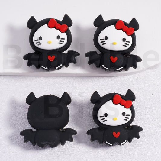 Silicone Focal Beads  3D Cute Hello Kitt in Black Bat Costume Halloween