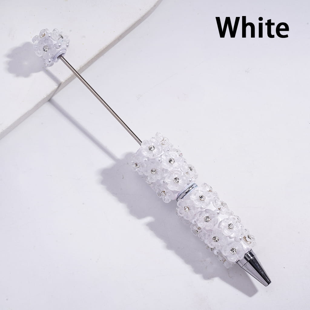 Beadable Clay Pens with Clear Five-Petaled Flowers and White Pearls, Multi-Color