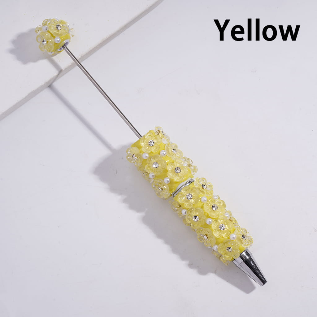 Beadable Clay Pens with Clear Five-Petaled Flowers and White Pearls, Multi-Color
