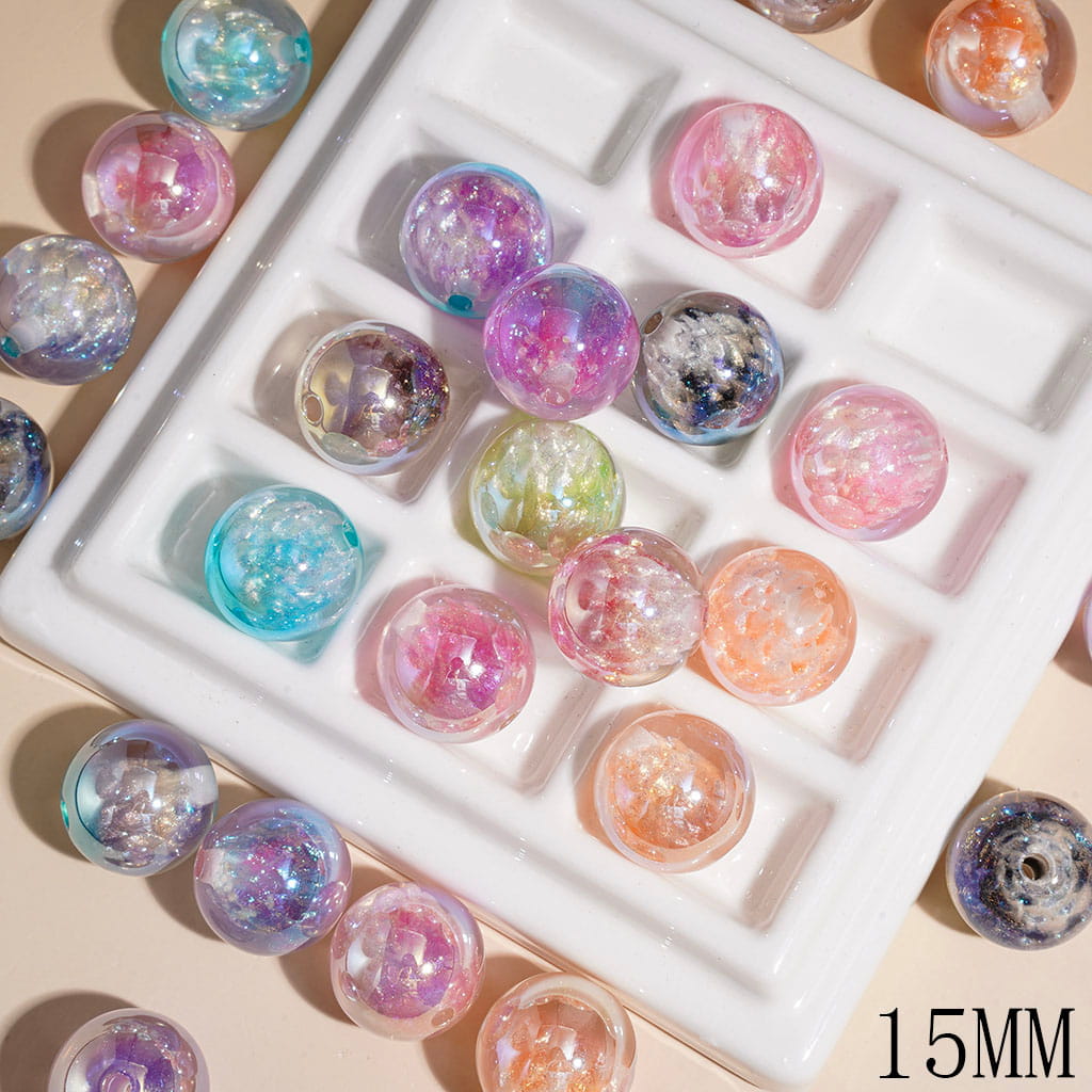 Dreamy Gradient Style Acrylic Beads for Bracelets with Lotus Bud and Glitter Embedded Inside, 15MM, Random Mix