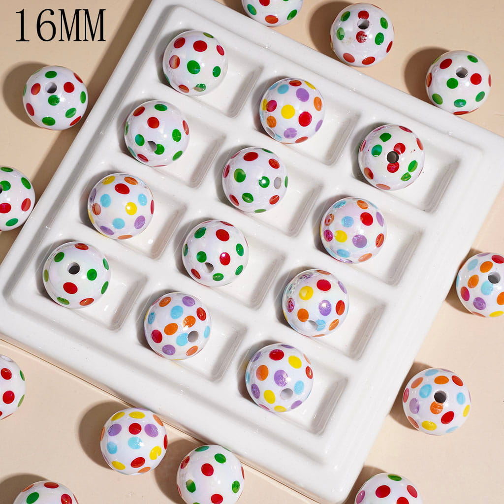 UV Coated Acrylic Beads for Bracelets with Polka Dots, 16MM Multi-Color