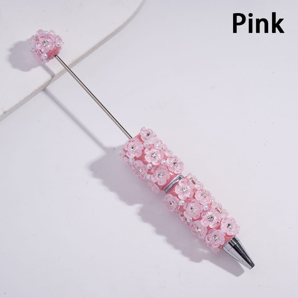 Beadable Clay Pens with Clear Five-Petaled Flowers and White Pearls, Multi-Color