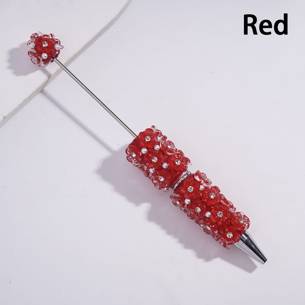 Beadable Clay Pens with Clear Five-Petaled Flowers and White Pearls, Multi-Color