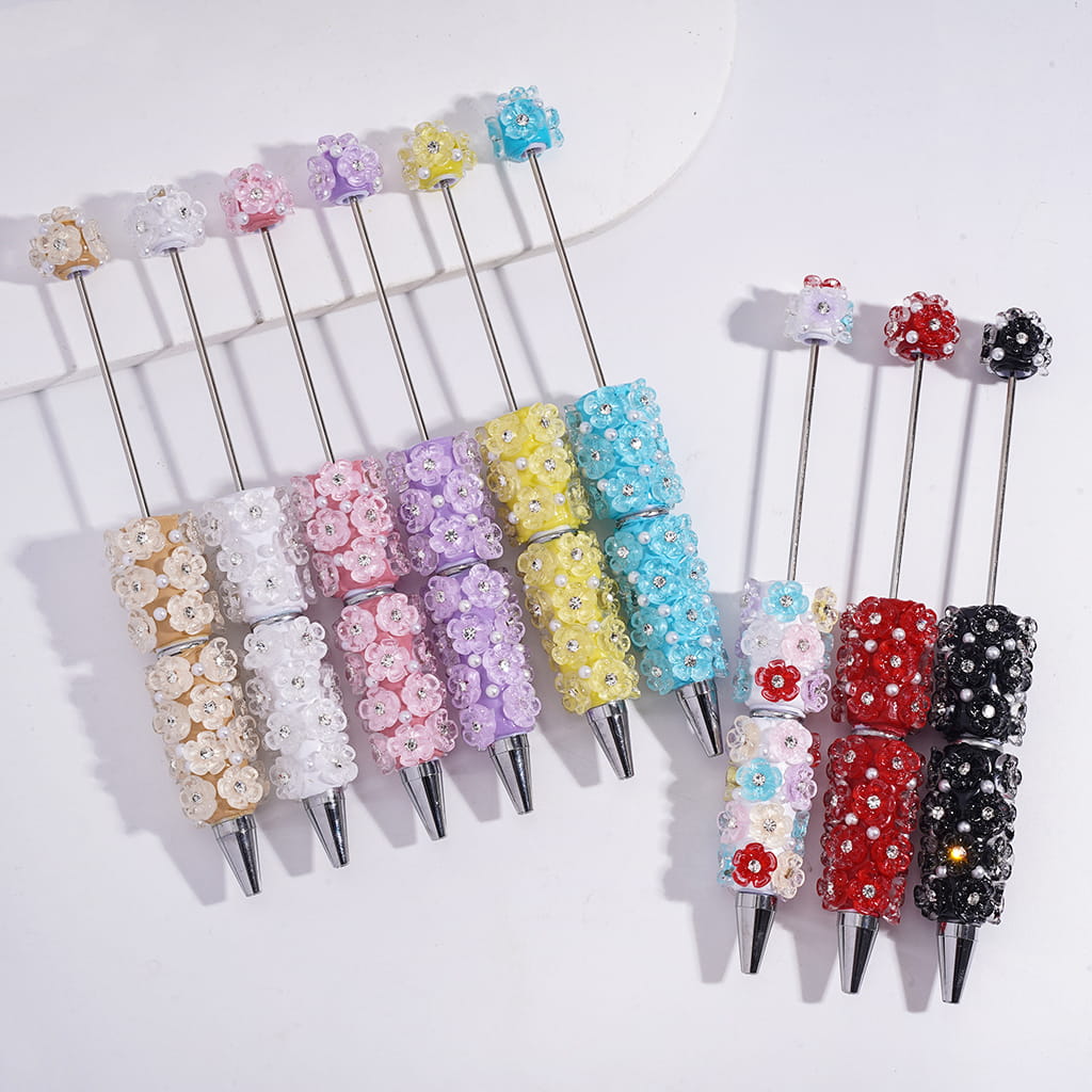 Beadable Clay Pens with Clear Five-Petaled Flowers and White Pearls, Multi-Color
