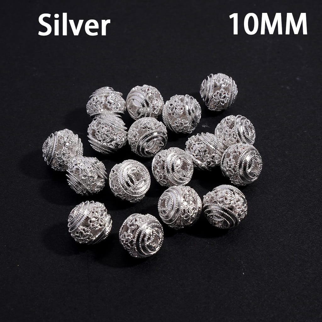 Metal Beads with Hollowed Chinese Square Hole Copper Coin Base on Both Sides and Central Flowers, 10MM, Gold and Silver