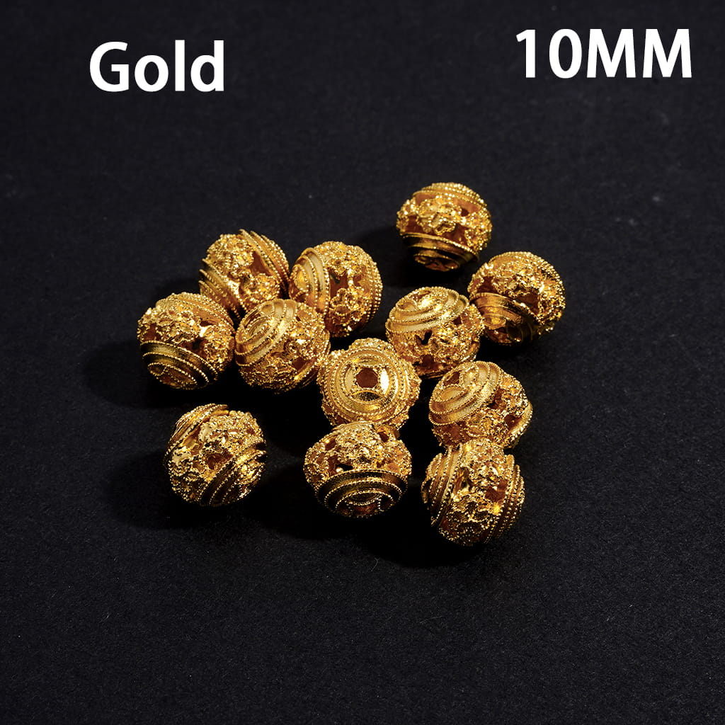 Metal Beads with Hollowed Chinese Square Hole Copper Coin Base on Both Sides and Central Flowers, 10MM, Gold and Silver