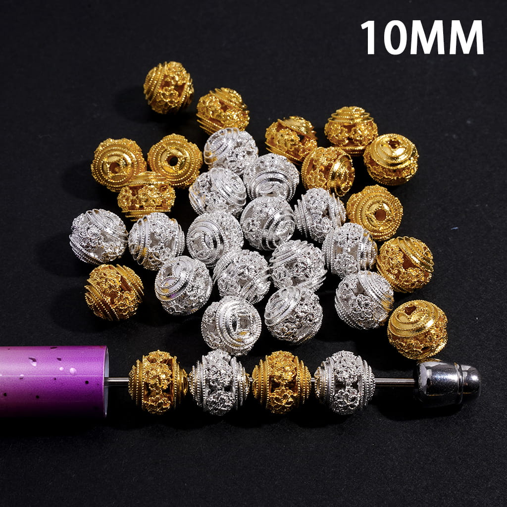 Metal Beads with Hollowed Chinese Square Hole Copper Coin Base on Both Sides and Central Flowers, 10MM, Gold and Silver