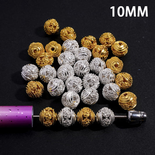 Metal Beads with Hollowed Chinese Square Hole Copper Coin Base on Both Sides and Central Flowers, 10MM, Gold and Silver