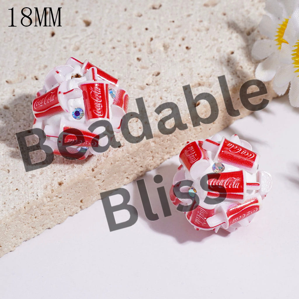 Clay Beads Red White Soda Cup and AB Rhinestones, 18MM