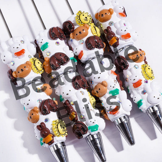 Beadable Clay Pens with Cartoon Style Bear Rabbit Elephant Lion and AB Rhinestones