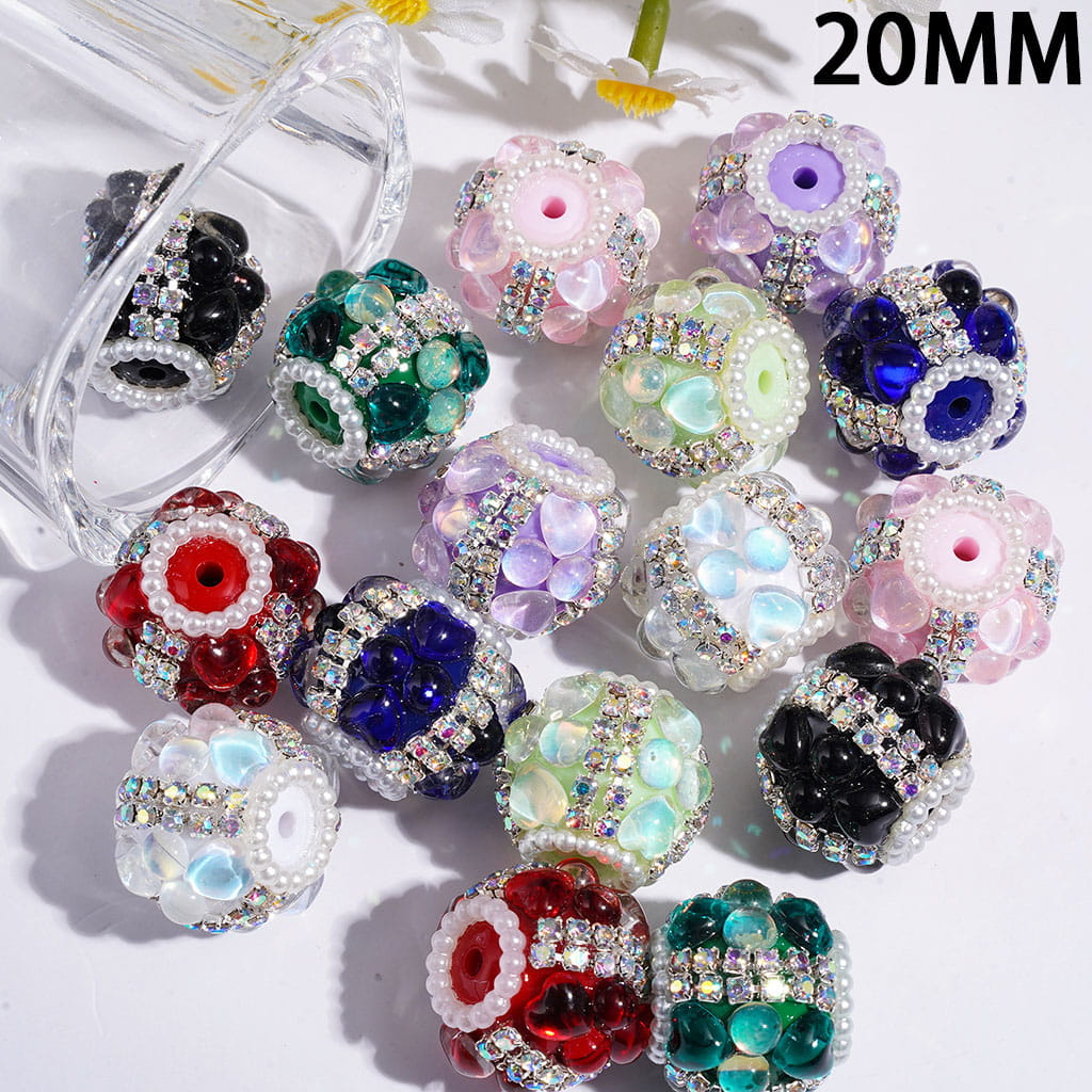 Hand-Made Acrylic Beads w UV Coated Half-Round Hearts, AB Rhinestone & White Pearl Chains 20MM Random Mix