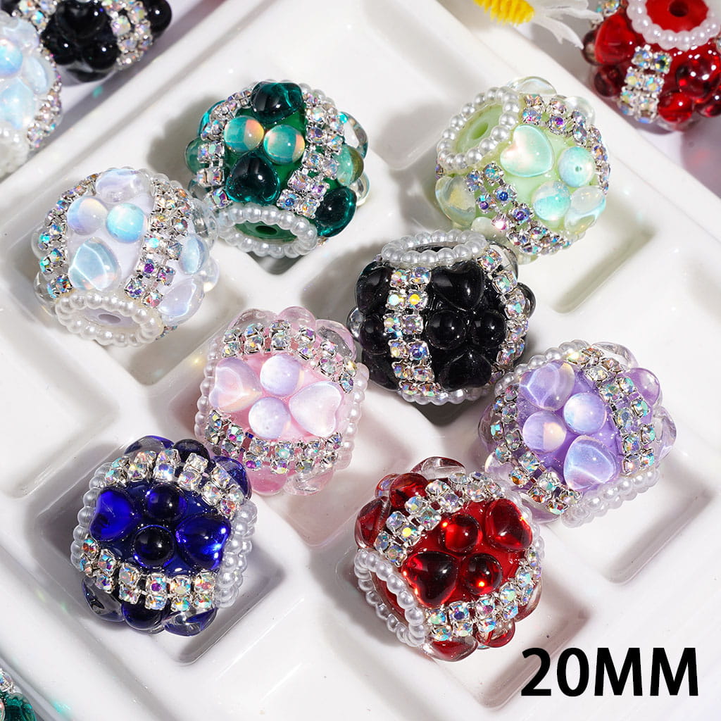 Hand-Made Acrylic Beads w UV Coated Half-Round Hearts, AB Rhinestone & White Pearl Chains 20MM Random Mix