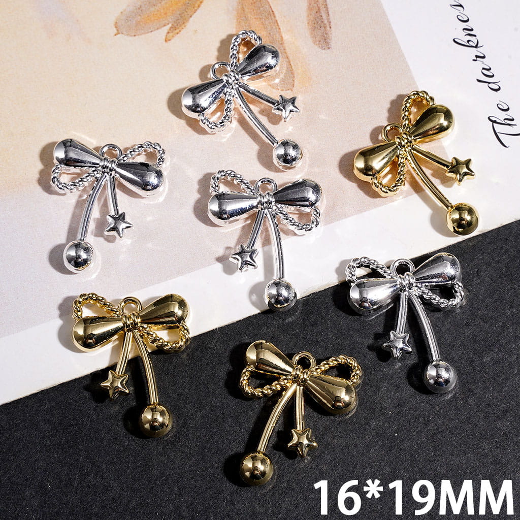 Metal Charms or Pendants Bow with Mini Star and Ball Design, Jewelry Accessories, 16*19MM, Gold Silver
