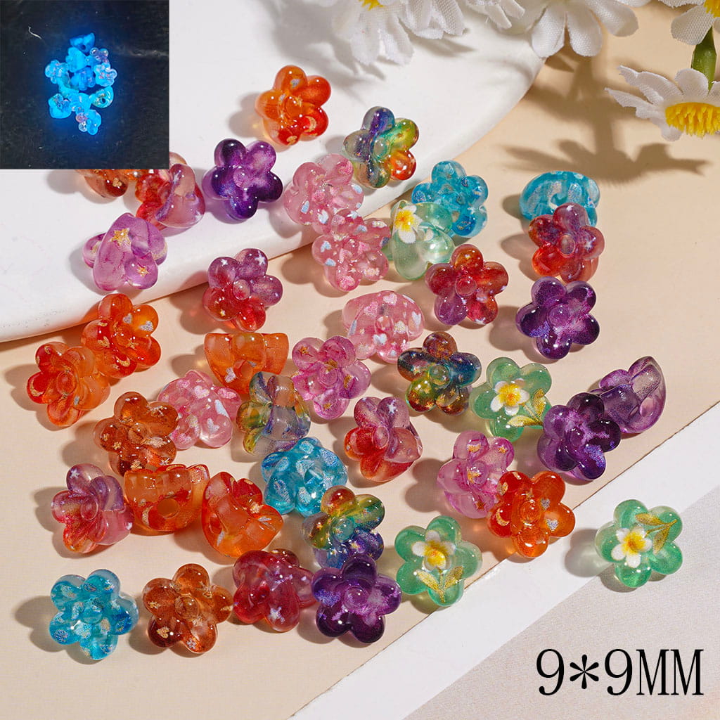 Acrylic Beads Luminous Five-Petaled Flower with Star Moon Flower Bowknot Marine Life, Translucent Color, 9*9MM Random Mix