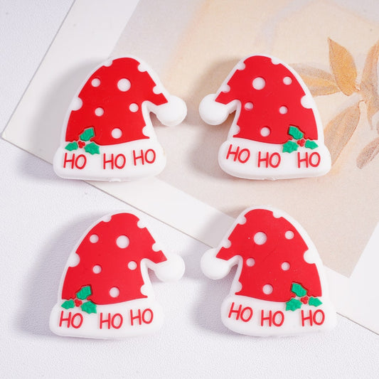 Silicone Focal Beads Cute Red Christmas Hat with Green Leaves
