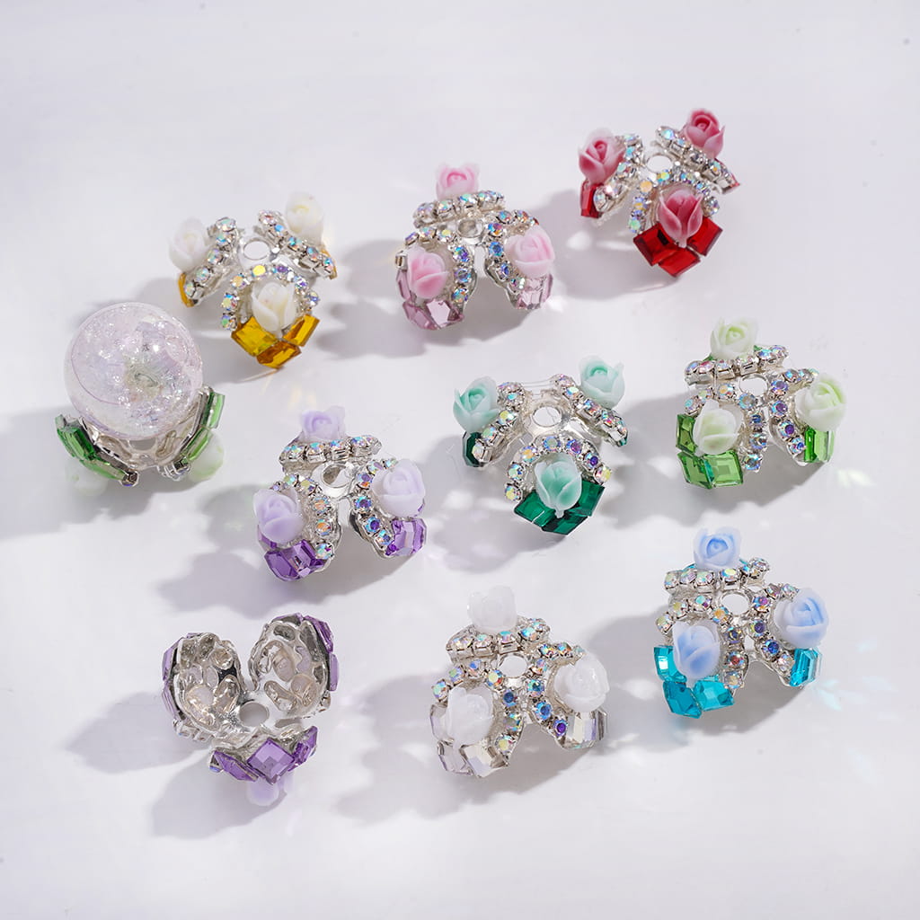 Alloy Bead Cages with Tulip Flowers Square AB Rhinestones, Bead Cap, Multi-Color (They Fit 14MM Beads)