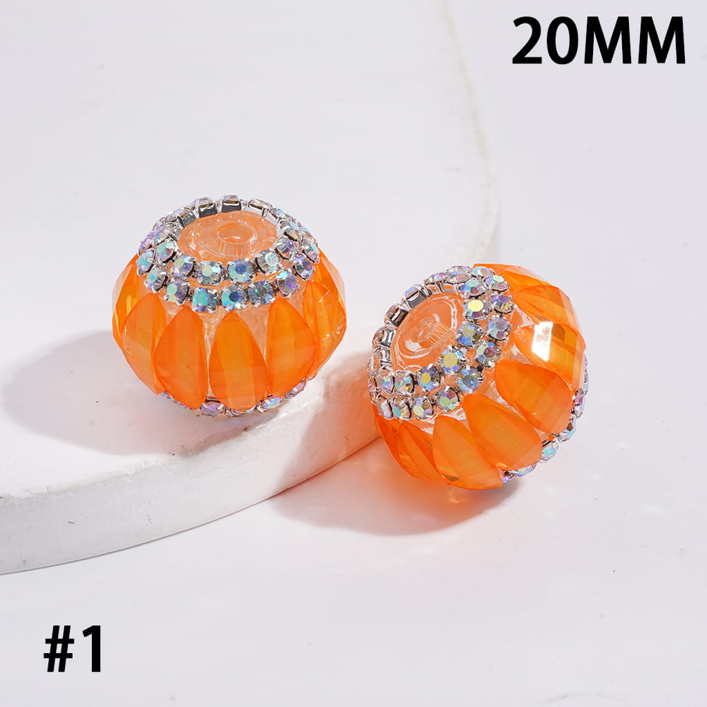 Acrylic Pumpkin Beads with AB Rhinestone Chains on Clear Background, Halloween Theme, 20MM, Fluorescence Color