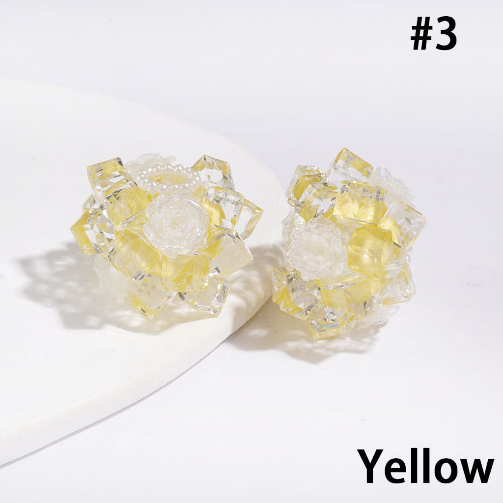 27MM - Handmade Acrylic Beads with Faceted Glass Crystal Square and Glittery Rose Flowers, White Pearl Loop, Multi-Color