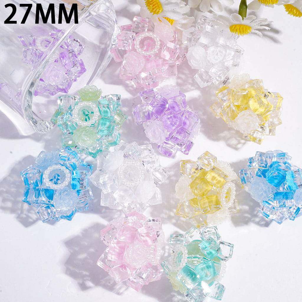 27MM - Handmade Acrylic Beads with Faceted Glass Crystal Square and Glittery Rose Flowers, White Pearl Loop, Multi-Color