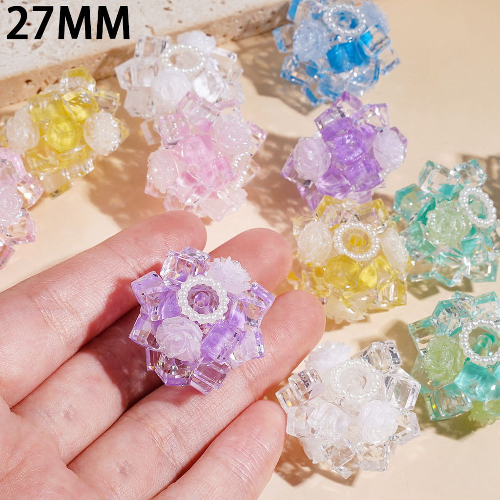 27MM - Handmade Acrylic Beads with Faceted Glass Crystal Square and Glittery Rose Flowers, White Pearl Loop, Multi-Color