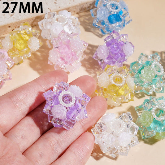 27MM - Handmade Acrylic Beads with Faceted Glass Crystal Square and Glittery Rose Flowers, White Pearl Loop, Multi-Color