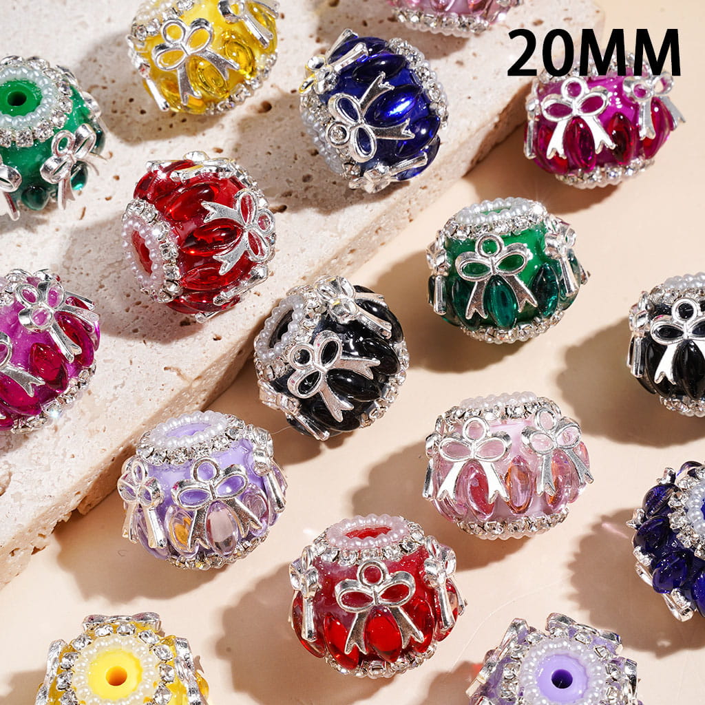 Handmade Acrylic Beads w Marquise Cut Rhinestones & Alloy Bowknot, Clear Rhinestone & White Pearl Chains, 20MM Multi-Colors Random Mix