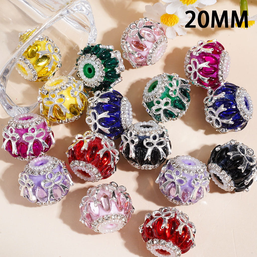 Handmade Acrylic Beads w Marquise Cut Rhinestones & Alloy Bowknot, Clear Rhinestone & White Pearl Chains, 20MM Multi-Colors Random Mix
