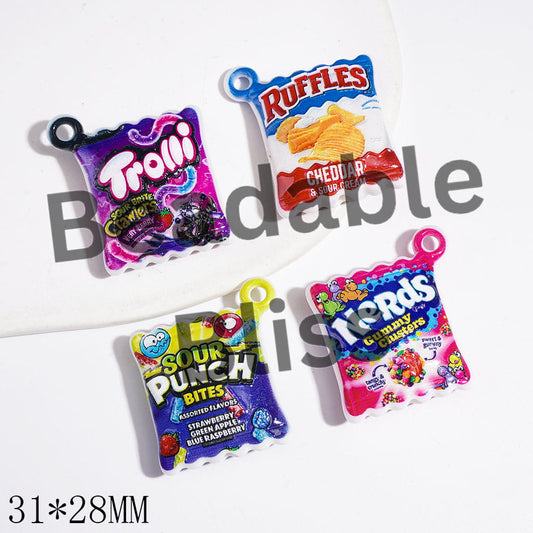 Acrylic Pendants with Various Kind Candy Packaging Bag, 31*28MM Random Mix