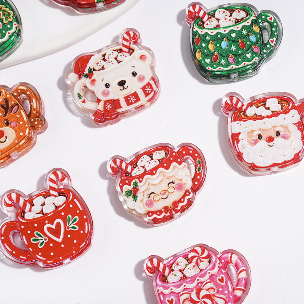 Semi-Clear Acrylic Beads and Pendants with Christmas Theme Cup, Random Mix