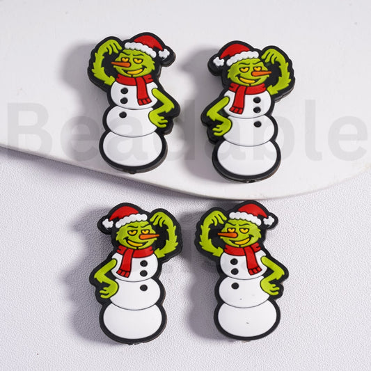 Silicone Focal Beads Snowman Style Grinc with Red Christmas Hat Scarf