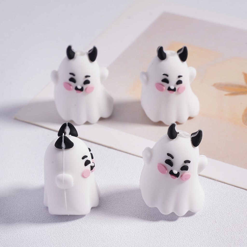 Silicone Focal Beads 3D Cute Ghost with Horn in White & Pink Halloween